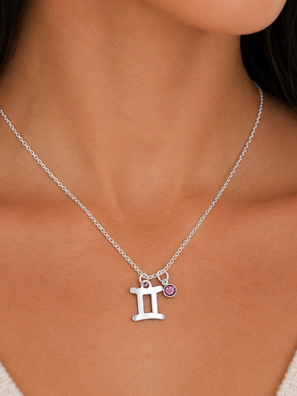 NEW - Gemini “The Twins” Zodiac Pendant Silver Necklace w Pink Tourmaline Charm
